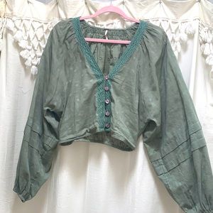 Women's Sage Green Cropped Button Front Top